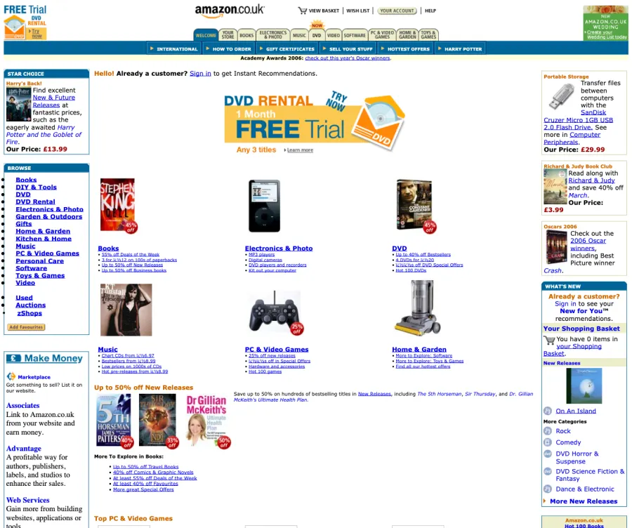 The Amazon UK homepage in March 2006: a dense orange and blue layout packed with product thumbnails.