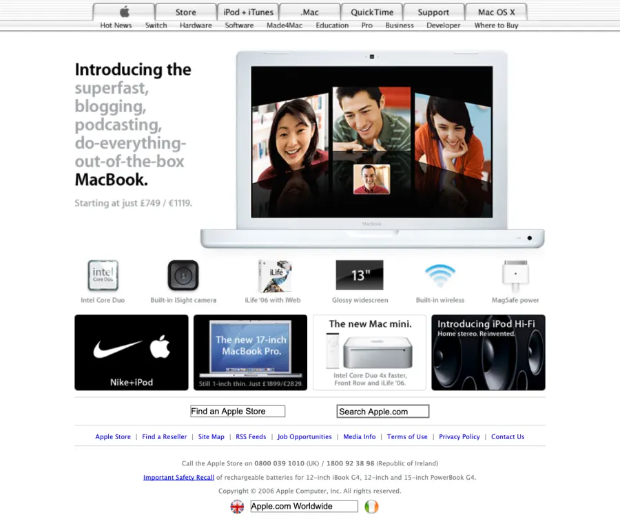 The Apple UK homepage in May 2006, advertising the new MacBook against a white background.