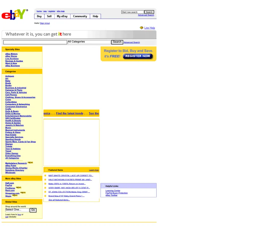 The eBay homepage in February 2006: a yellow category sidebar, dense blue links and a search bar.