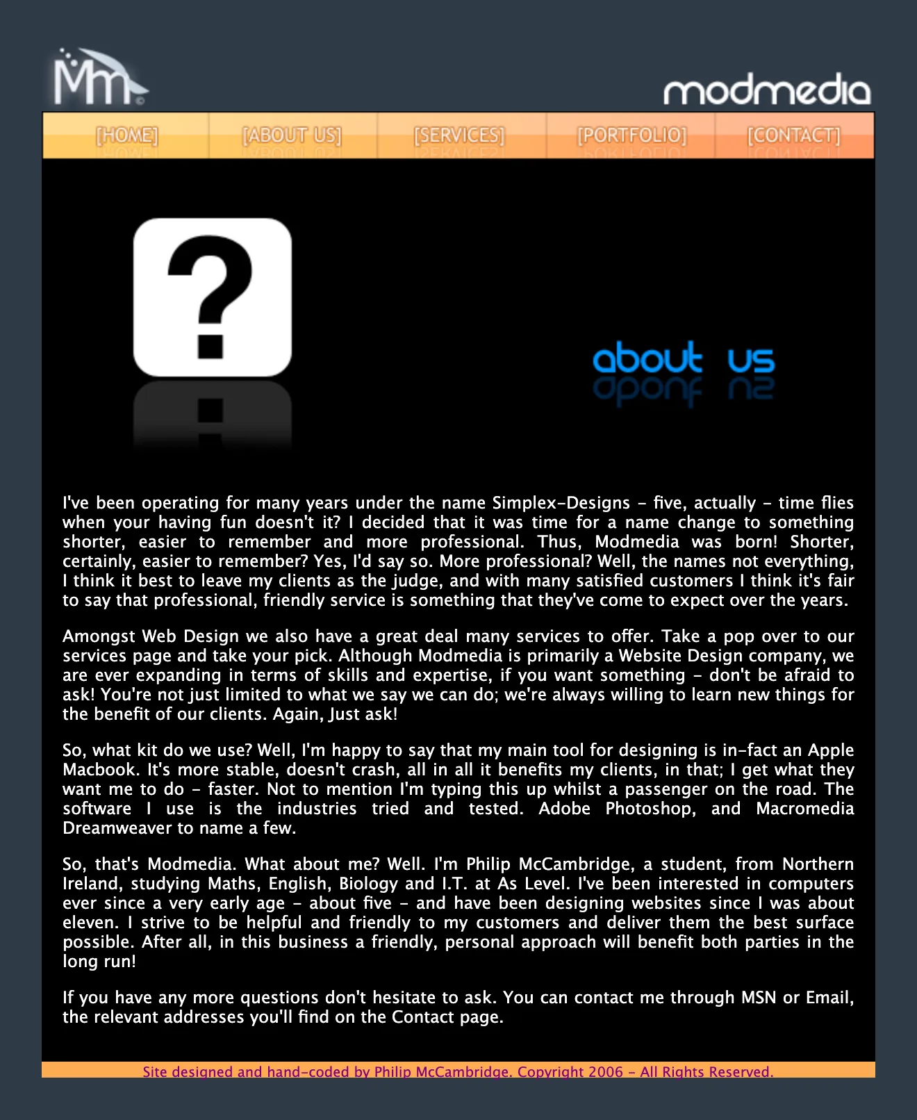 The Modmedia about page in 2007: a black content panel holding a glossy blue about us logo and several paragraphs of white text, between the orange navigation bar and footer.
