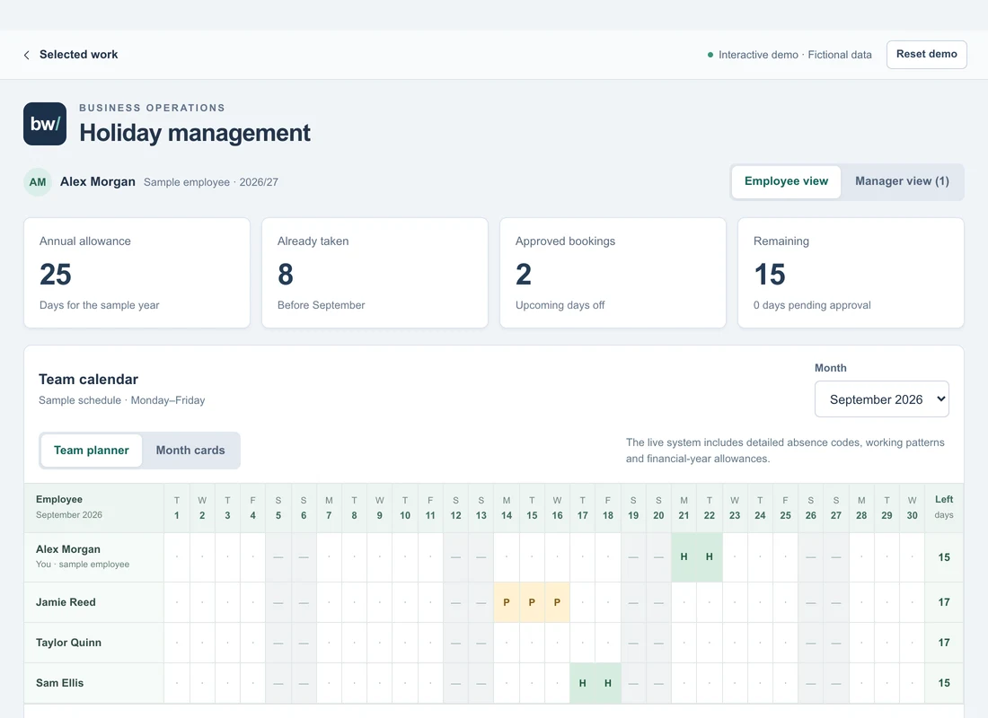 Holiday demo with staff rows, daily absence codes and allowances
