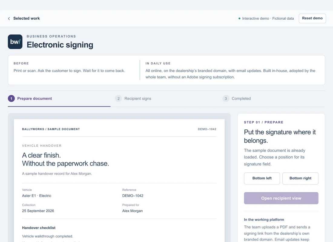 Guided signing demo with a sample handover document and signature field controls